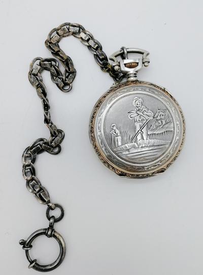 Часы карманные с цепочкой и подчасником. Часы с цепочкой карманные двухкрышечные в серебряном корпусе. Швейцария начало 20 века. Подчасник кон.19 - нач. 20 века