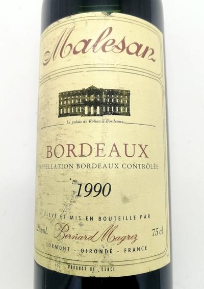 Вино 1990 "Malesan". Год урожая 1990 считается хорошим для Bordeaux (90R - таблица миллезимов Роберта Паркера)
