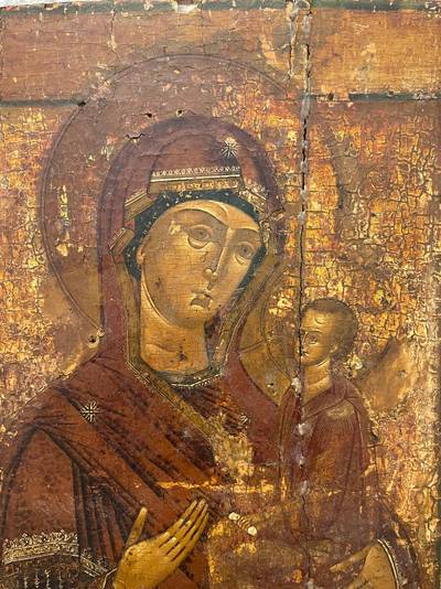 Икона "Богоматерь Тихвинская" c предстоящими (Елена и Матрона). Поволжье (Ярославль?), конец XVIII - начало XIX, в окладе