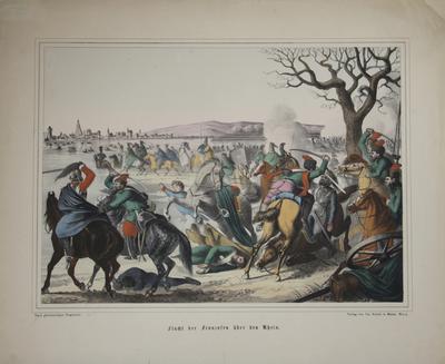 Гравюра &quot;Битва русских с французами под Рейном в 1814 г.&quot;. [&quot;Бегство французов за Рейн&quot;]. 1814 год.
