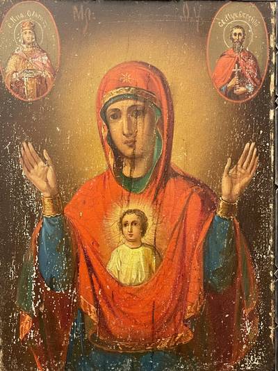 Икона "Богоматерь Знамение с предстоящими Ольгой и Евгенией". Санкт-Петербург, XIX век, в серебряной раме