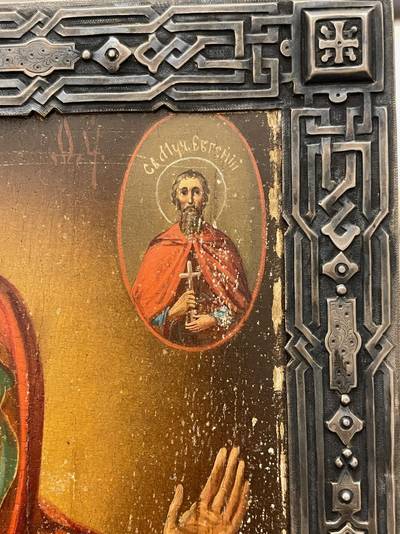 Икона "Богоматерь Знамение с предстоящими Ольгой и Евгенией". Санкт-Петербург, XIX век, в серебряной раме